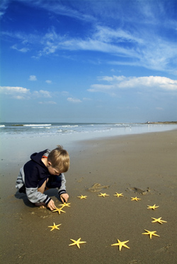 Kind spielt am Strand mit Seesternen