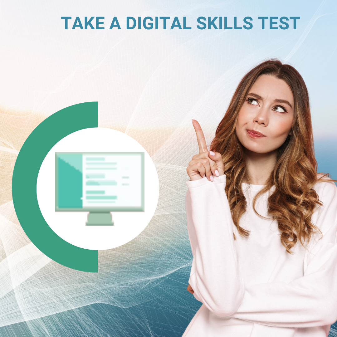 Girl pointing out to Test your digital skills